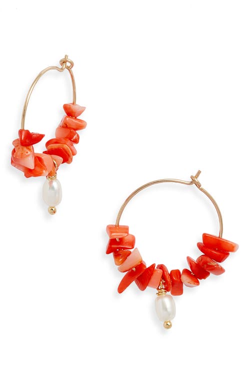 Coral & Pearl Embellished Hoop Earrings in Gold/red