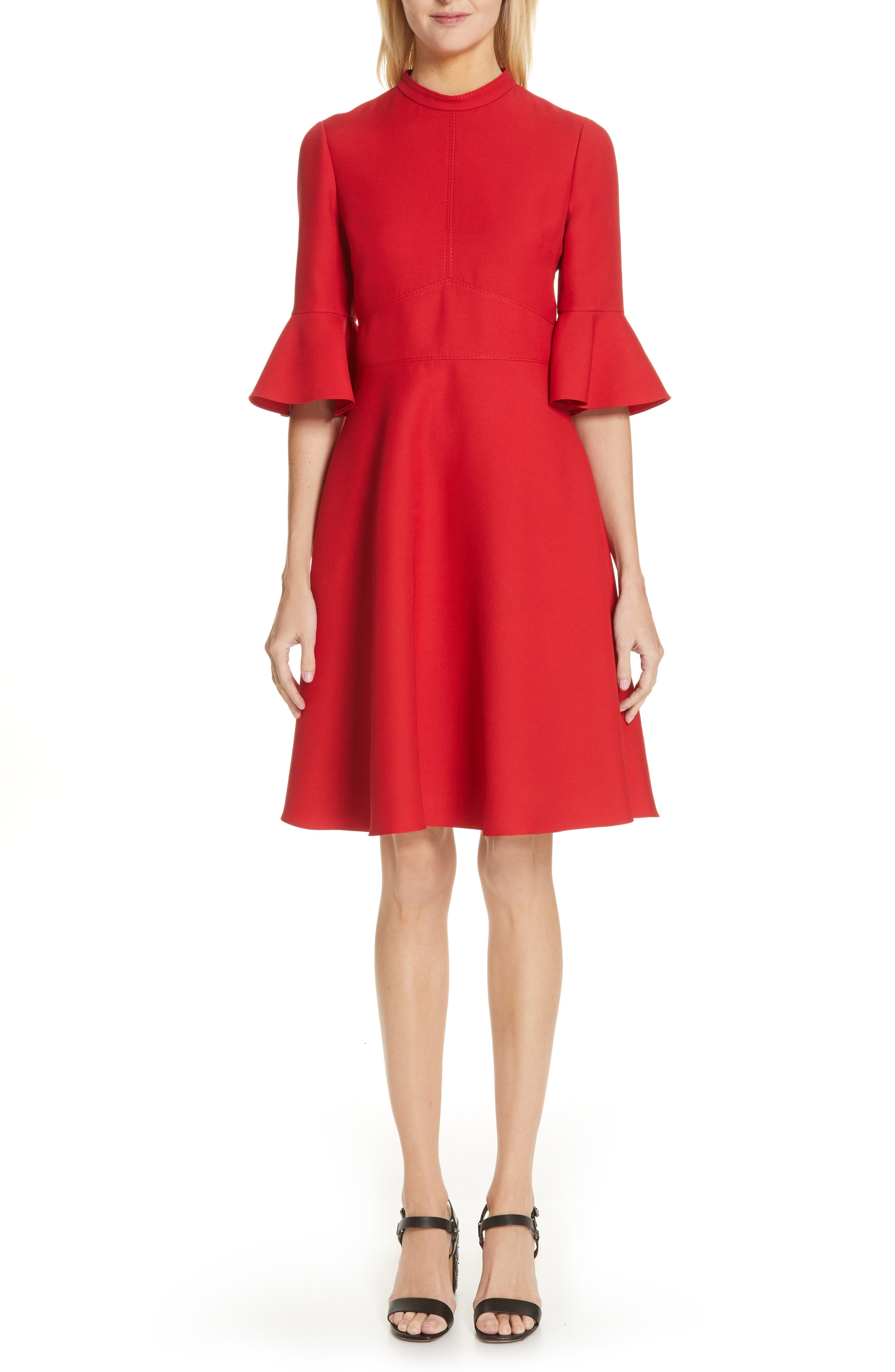 Valentino Ruffle Sleeve Crepe Dress, Red