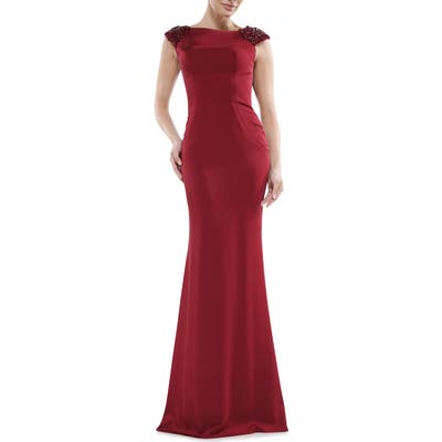 Marsoni Beaded Shoulder Satin Trumpet Gown, Red