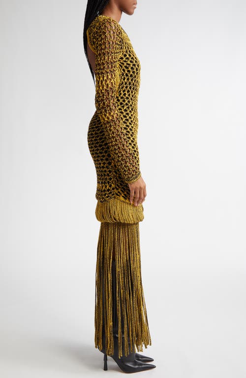 Shop Diotima Medusa Long Sleeve Loop & Fringe Crochet Sweater Dress In Black-yellow