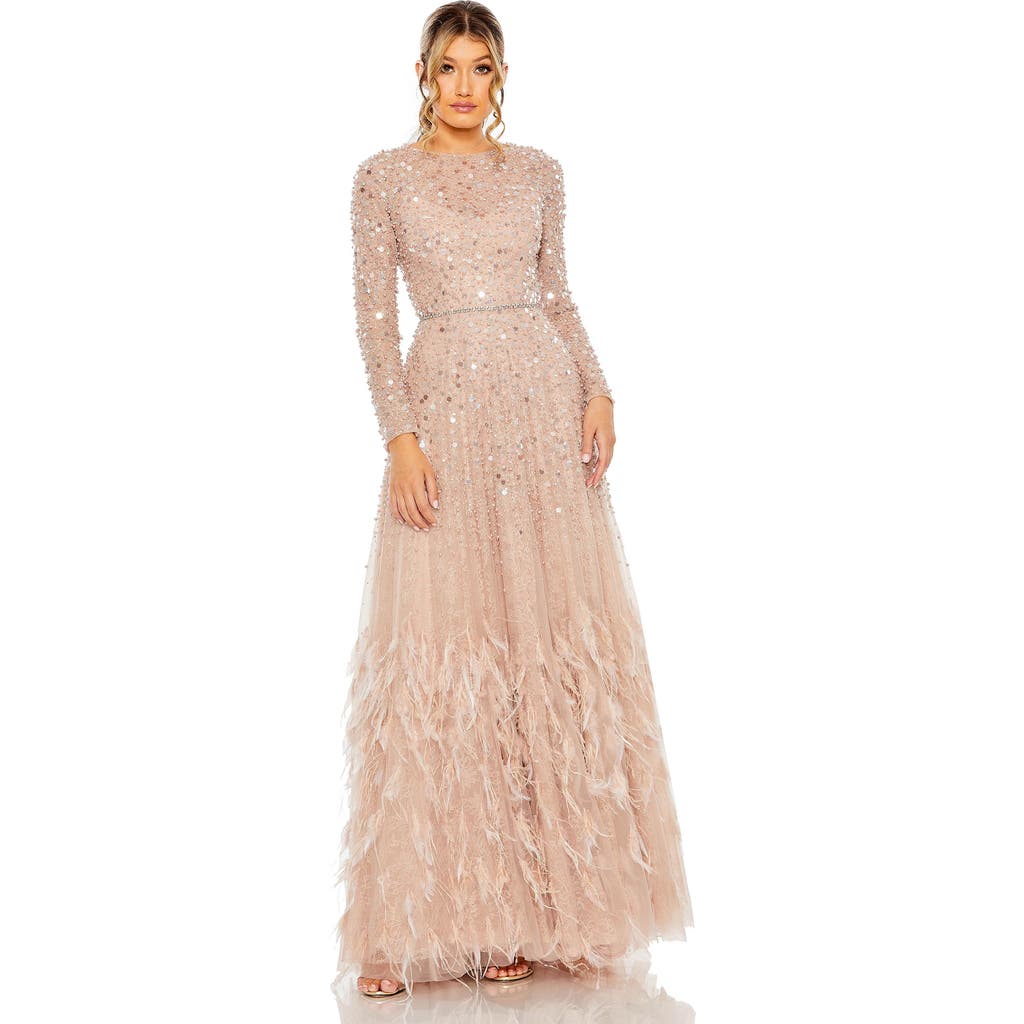Mac Duggal Disc Embellished Sequin Gown With Feather Detail In Dusty Rose