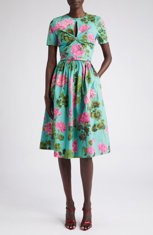 Oscar de la Renta Geranium Print Belted Twist Detail Stretch Cotton Fit & Flare Dress in Pink/Jade