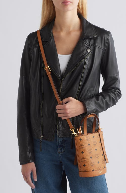 Mcm Mini Aren Vi Visetos Coated Canvas Bucket Bag In Cognac
