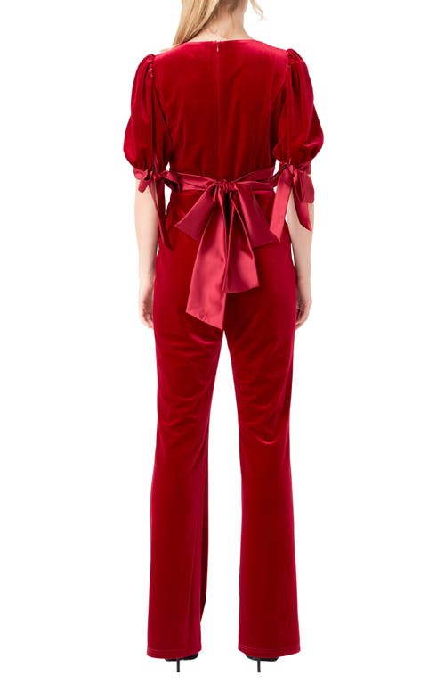 Endless Rose Women's Bow Tie Sleeve Velvet Jumpsuit In Rouge