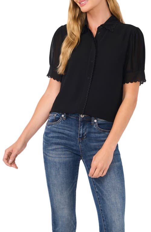 Cece Scallop Trim Button-up Shirt In Rich Black