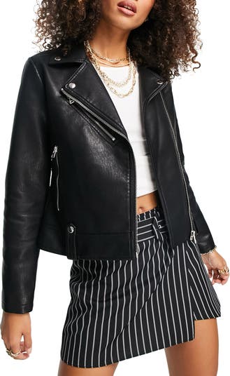 Topshop faux leather biker jacket in black