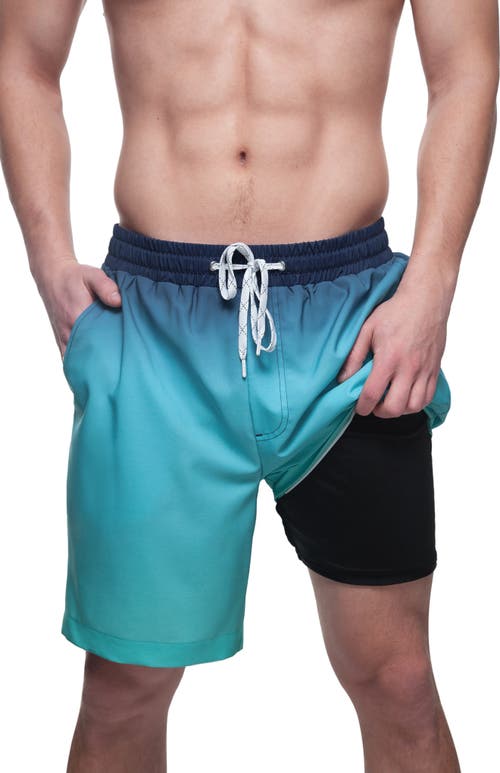 Shop Rokka&rolla Compression Liner Stretch Swim Trunks Upf 50+ In Sea Blue Gradient