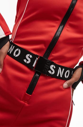Topshop Sno ski suit with faux fur hood & belt in black