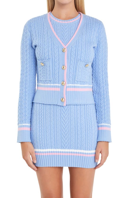 English Factory Stripe Trim Cable Knit Cardigan In Powder Blue