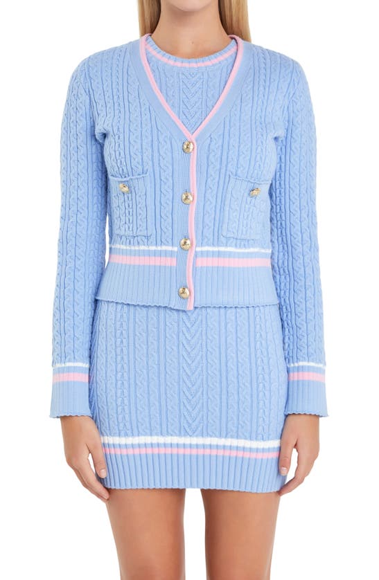 Shop English Factory Stripe Trim Cable Knit Cardigan In Powder Blue