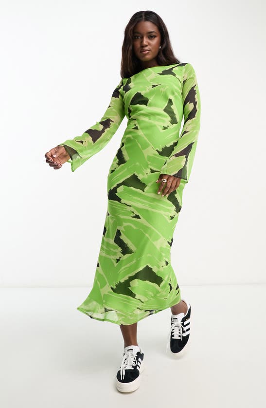 Asos Design Chiffon Long Sleeve Midi Dress In Green Abstract Print-multi