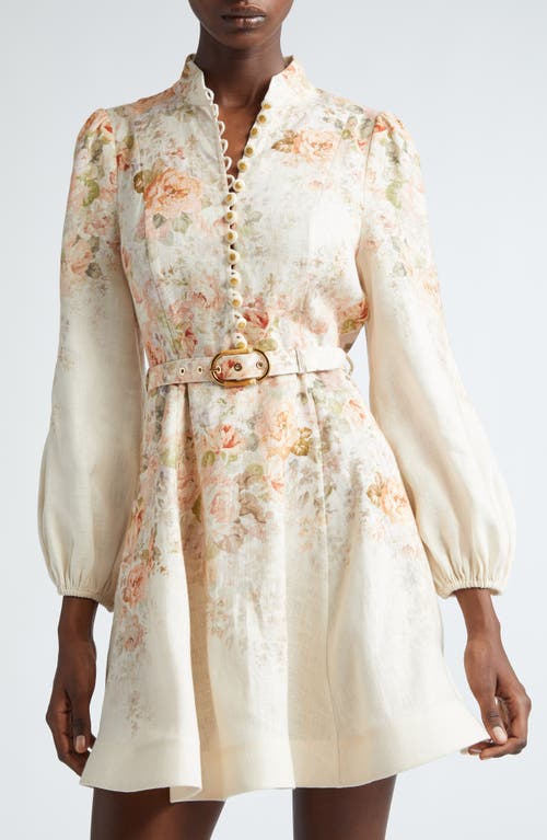 Shop Zimmermann Illustration Floral Long Sleeve Belted Linen Minidress In Cream Rococo Floral