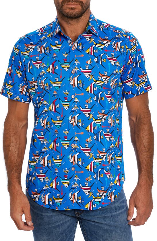 ROBERT GRAHAM GONE FISHING STRETCH PRINT SHORT SLEEVE BUTTON-UP SHIRT