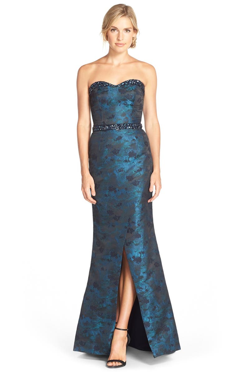 PAMELLA, PAMELLA ROLAND Embellished Jacquard Mermaid Gown, Main, color, PEACOCK