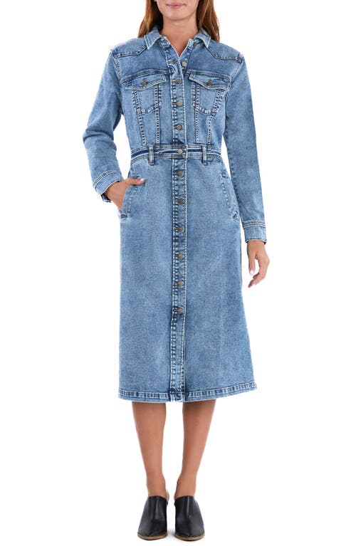 Wash Lab Denim Western Long Sleeve Denim Midi Shirtdress in Vintage Blue 