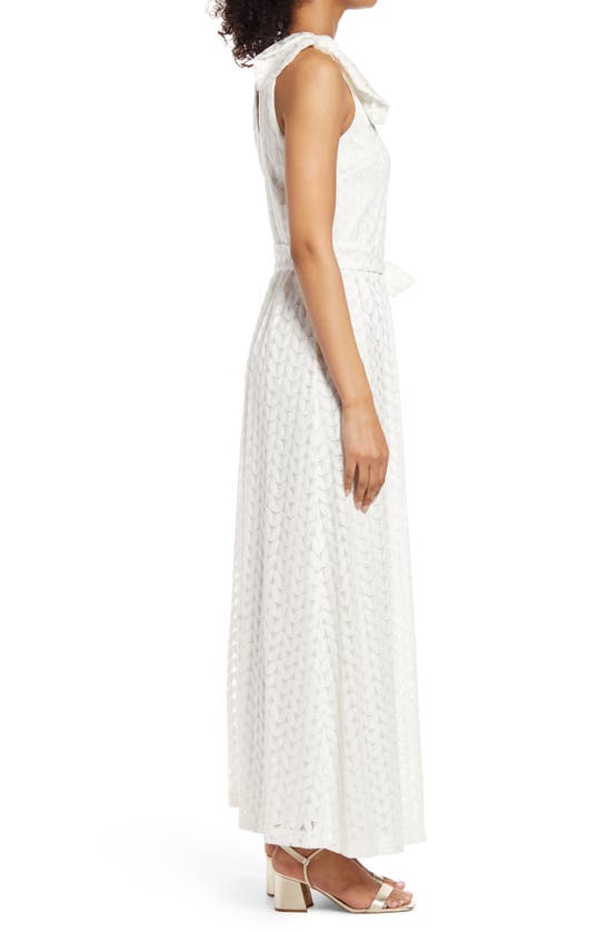 Shop Donna Ricco Bow Shoulder Belted Lace Dress In Ivory