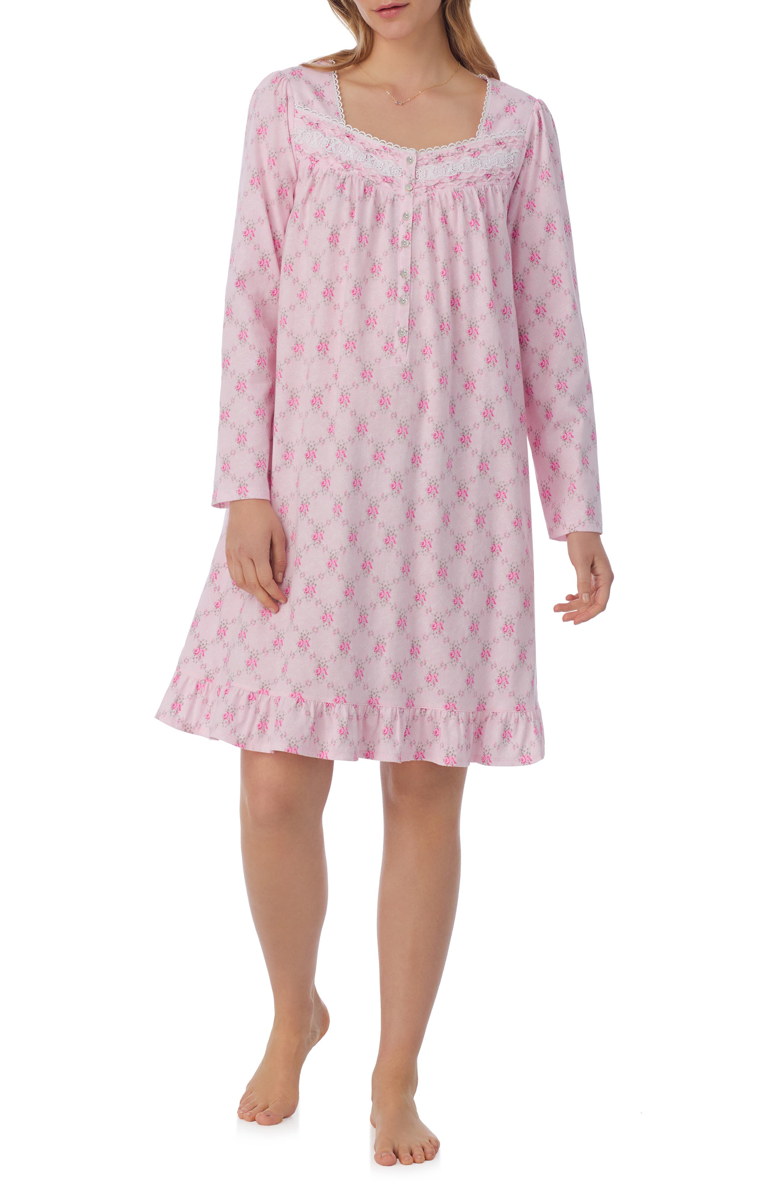 Eileen West Long Sleeve Cotton Jersey Short Nightgown in Pink Print 