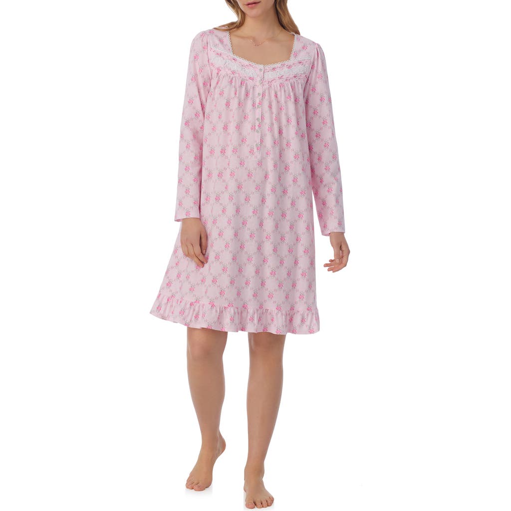 Eileen West Long Sleeve Cotton Jersey Short Nightgown in Pink Print