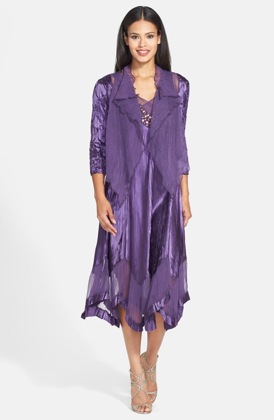 Komarov Beaded Pleated Charmeuse Dress & Jacket (Regular & Petite