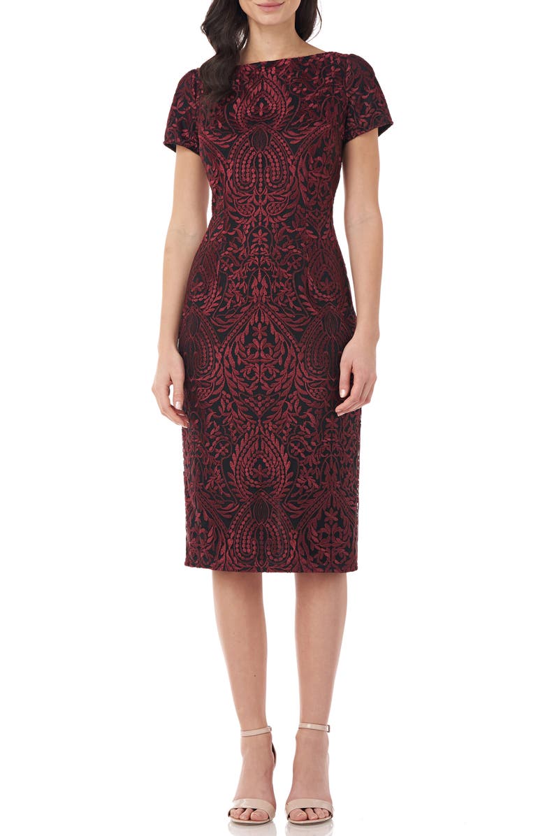 JS COLLECTIONS Floral Embroidered Cocktail Dress, Main, color, GARNET BLACK