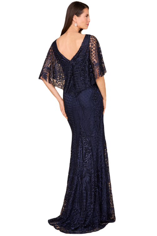 Lara New York Cape Sleeve Mermaid Gown In Navy