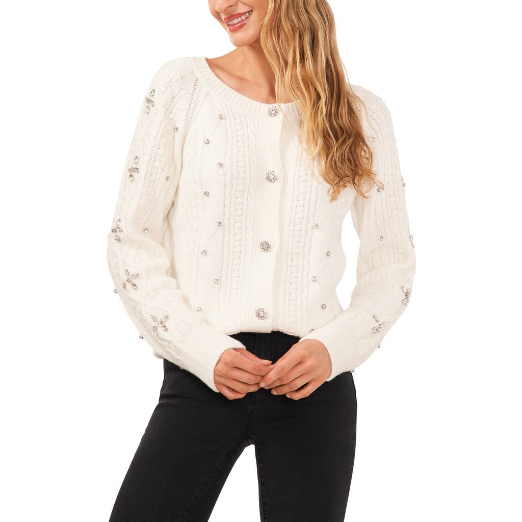 Cece Womens Embellished Cable Knit Cardigan Sweater In White