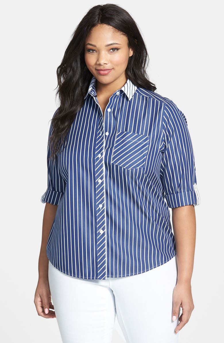 Foxcroft Stripe Roll Sleeve Non-Iron Cotton Shirt (Plus Size) | Nordstrom