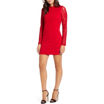 Speechless Lace Sleeve Scuba Crepe Body-Con Dress, Red