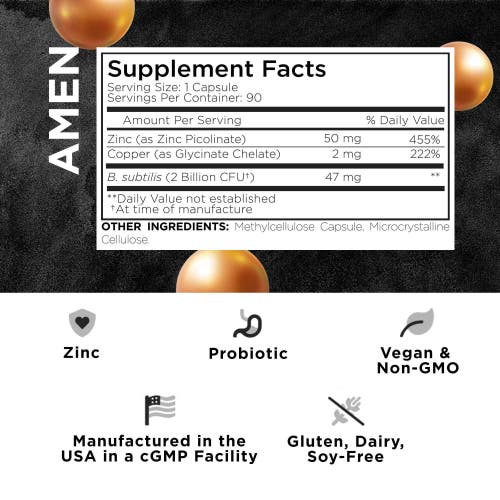 Codeage Amen Zinc & Copper, Probiotics 2 Billion CFU, 3-Month Supply, Zinc Picolinate, Vegan, Non-GMO, 90 ct in White at Nordstrom