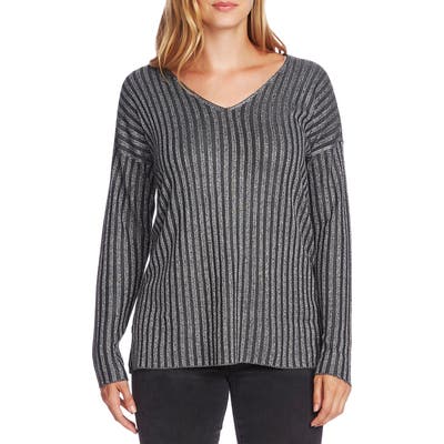 Vince Camuto Metallic Stripe V-Neck Sweater, Grey