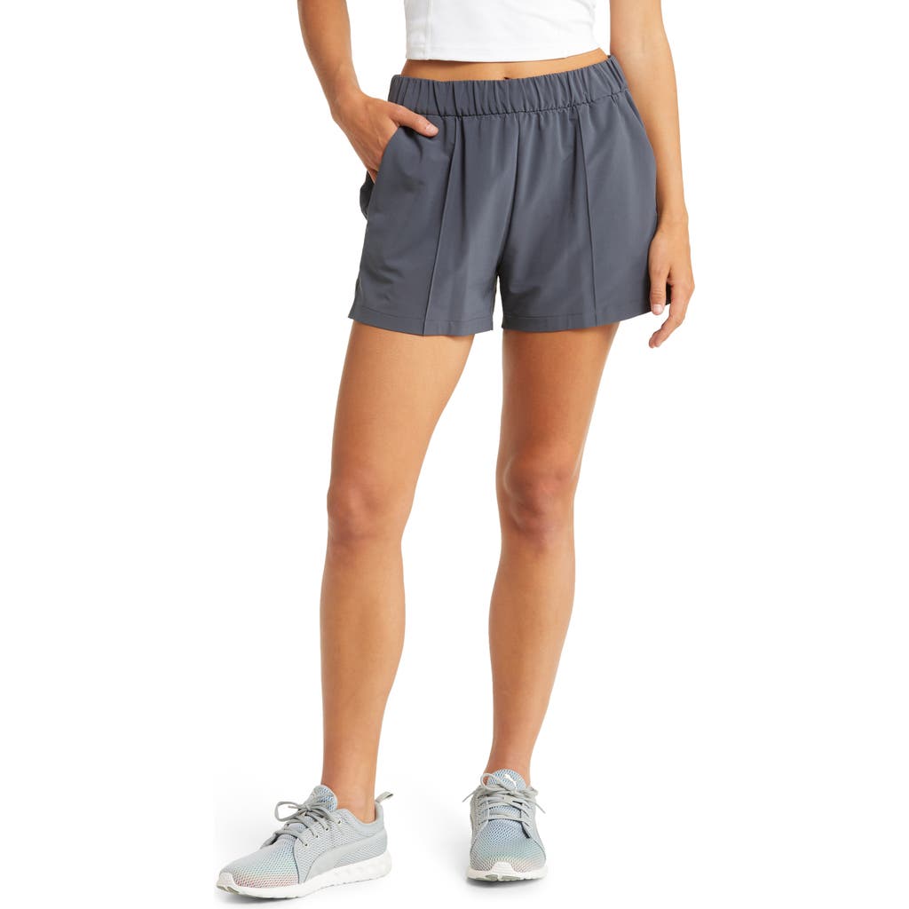 Zella Taylor Getaway High Waist Stretch Recycled Polyester Shorts In Blue
