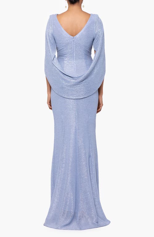 Betsy & Adam Cape Sleeve Metallic Crinkle Gown In Blue/silver