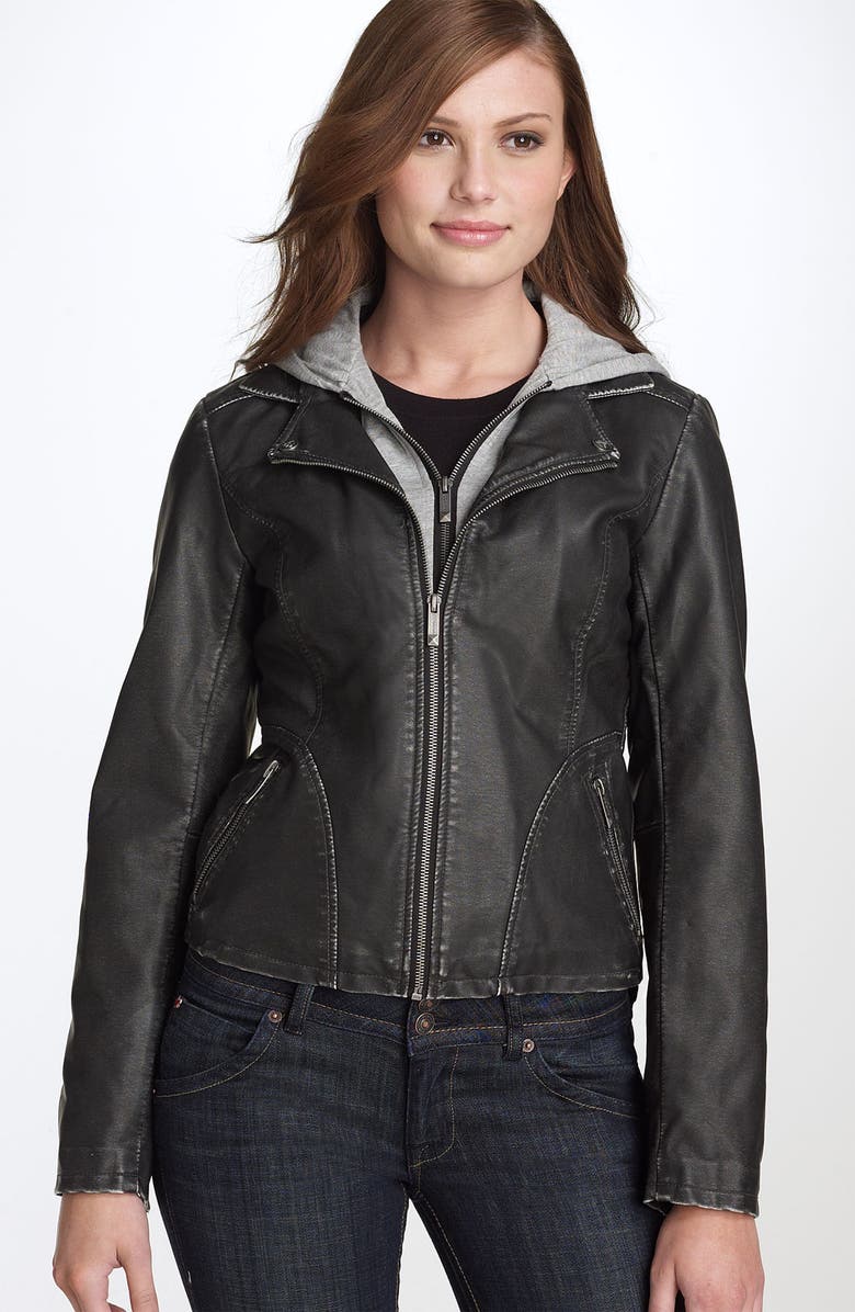 GUESS Faux Leather Scuba Jacket with Jersey Hoody | Nordstrom