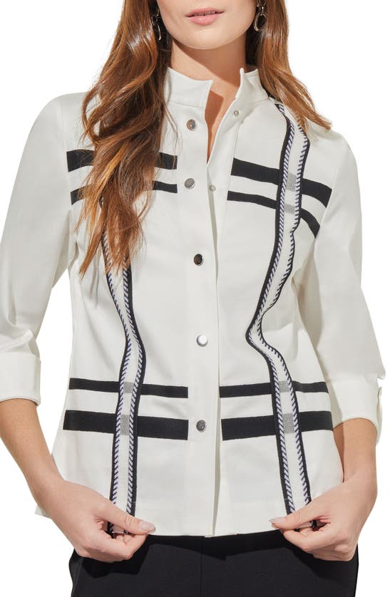 Ming Wang Stripe Stand Collar Jacket In White/ Black