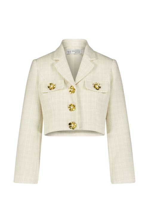 Mac Duggal Cropped Tweed Floral Button Jacket In Cream