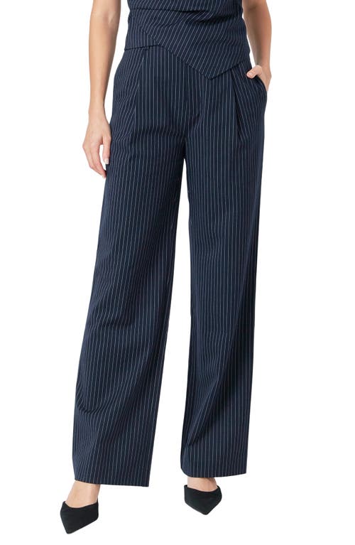 Endless Rose Stripe Pleat High Waist Pants In Navy