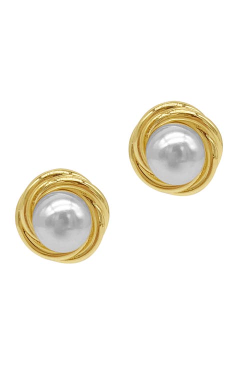 14K Yellow Gold Plated Imitation Pearl Stud Earrings