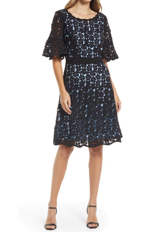 Laser Cut Lace Fit & Flare Dress in Black/Blue