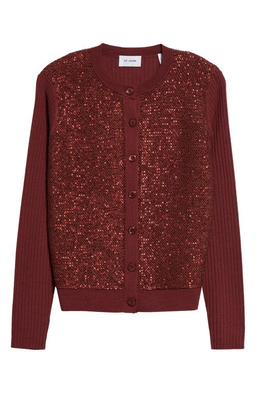 Sequin Wool & Silk Blend Rib Cardigan in Cranberry