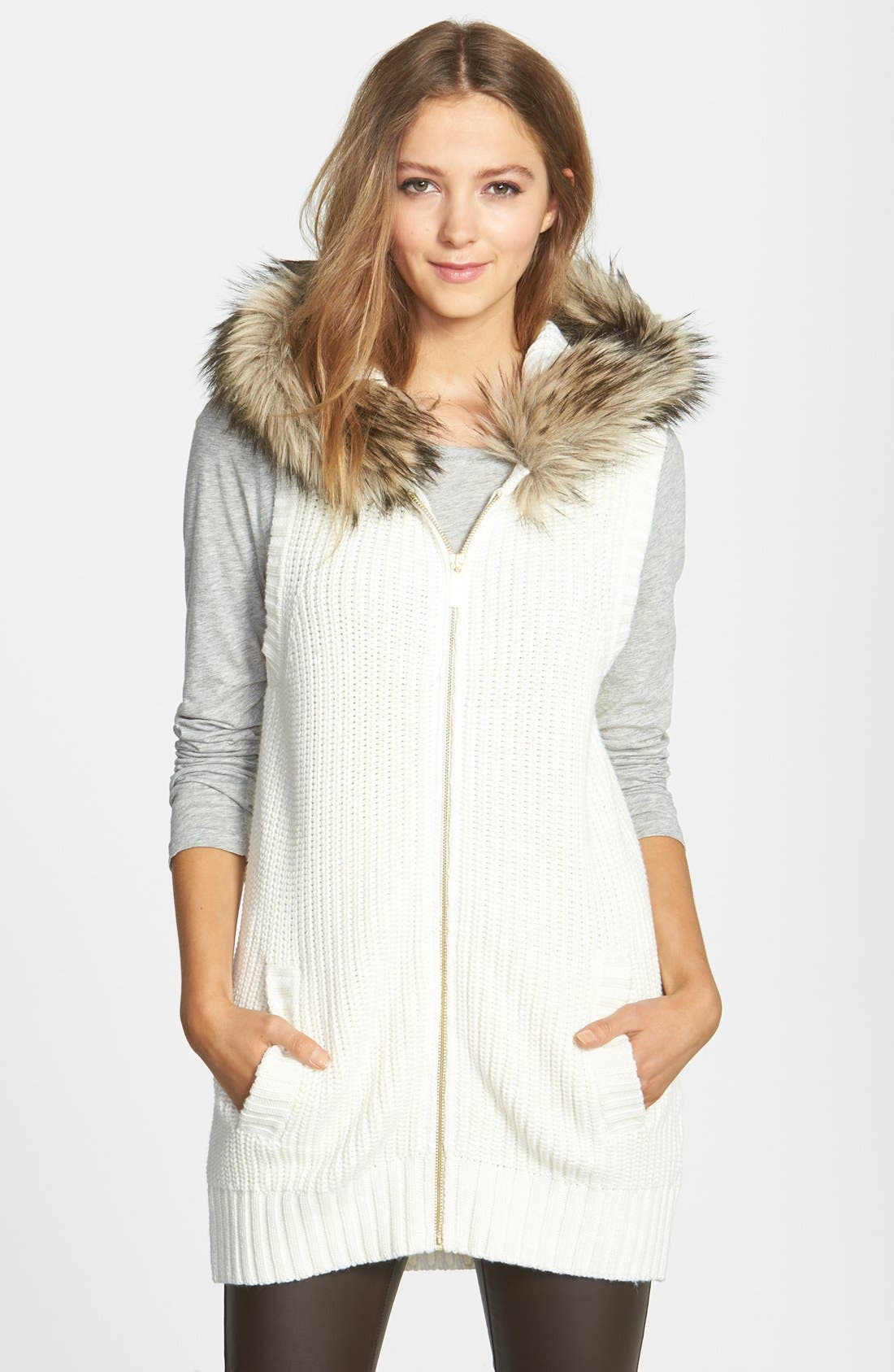 MICHAEL Michael Kors Faux Fur Trim Hooded Knit Vest (Regular & Petite) Nordstrom