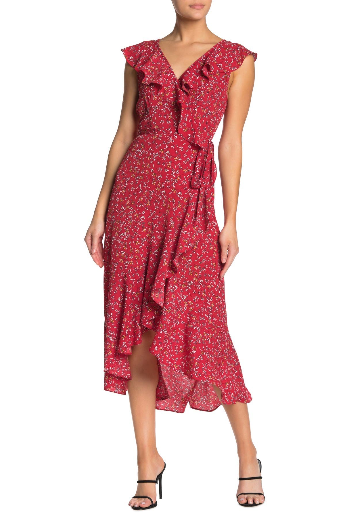 max studio patterned ruffle wrap midi dress