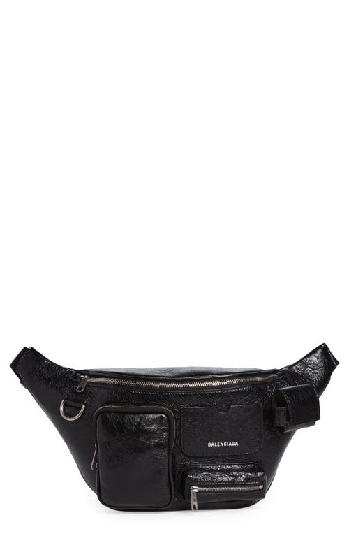 Superbusy Crinkle Leather Belt Bag in Black