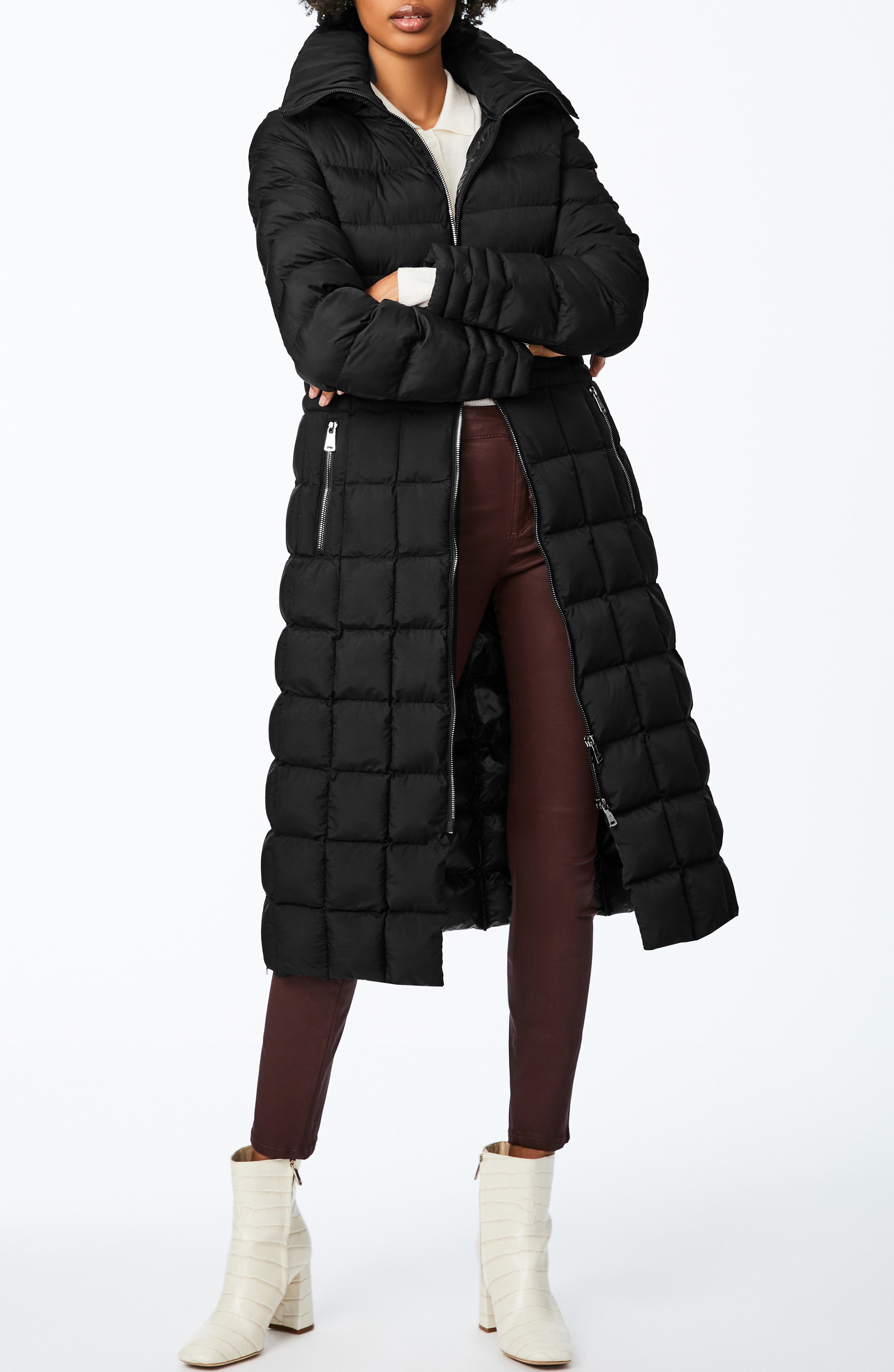 black longline padded coat with hood