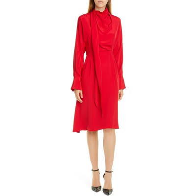 Jason Wu Long Sleeve Tie Neck Double Georgette Dress, Red