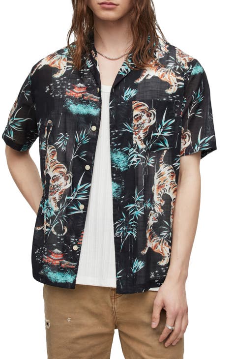 Tagise Relaxed Fit Tiger Print Short Sleeve Cotton Button-Up Shirt