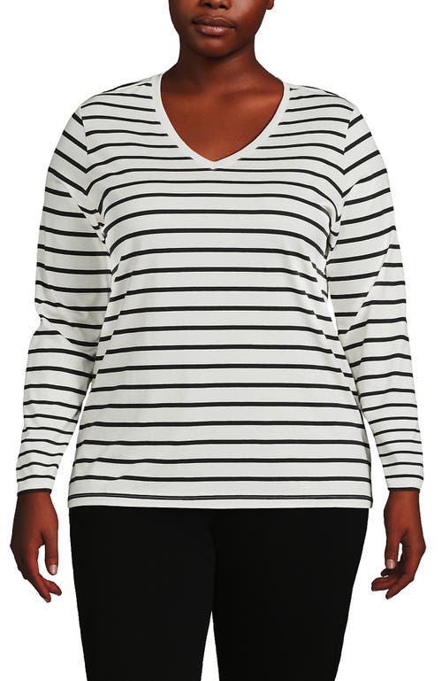 Shop Lands' End Plus Size Relaxed Supima Cotton Long Sleeve V-neck T-shirt In Ivory/black Breton Stripe