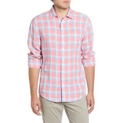 Faherty Regular Fit Plaid Linen Button-Up Sport Shirt, Orange