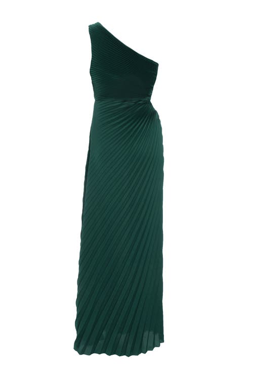 Shop Quiz Satin Pleated One Shoulder Maxi Dress In Bottle Green