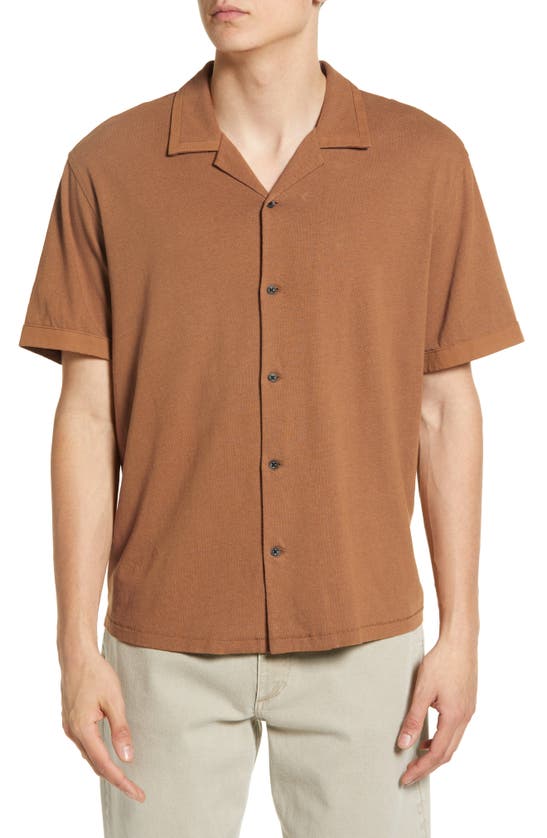 Rag & Bone Avery Short Sleeve Linen & Cotton Knit Button-up Camp Shirt In Darkbrown