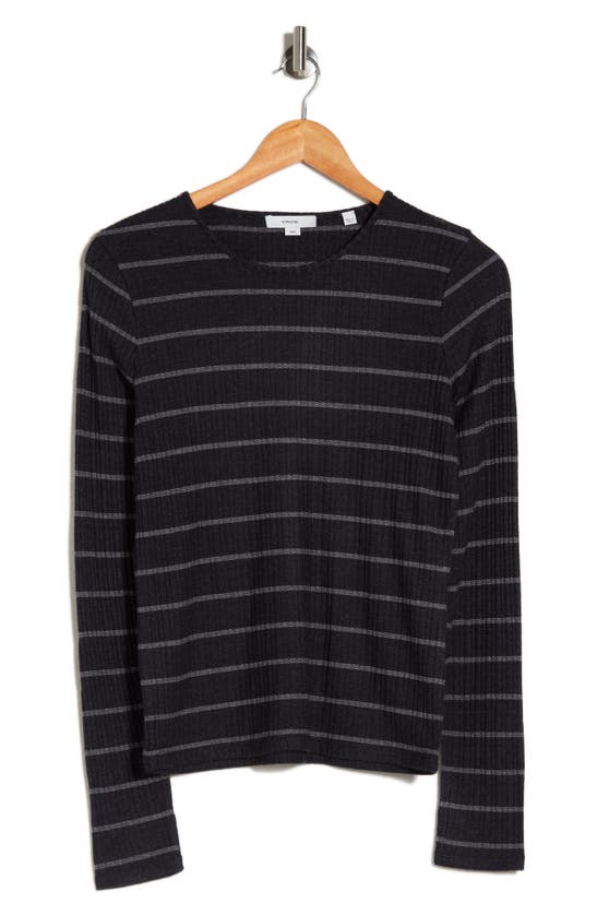 Vince Stripe Long Sleeve Crewneck Shirt In Heather Charcoal/ Ice Bay